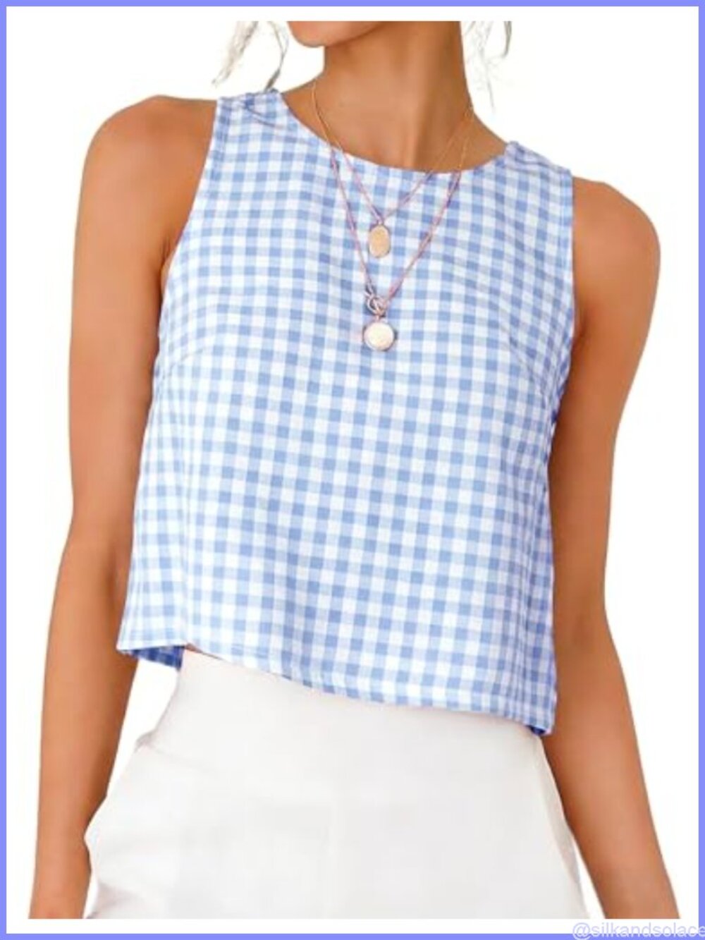 High Neck Sleeveless Gingham Crop Tank Top Summer Cotton Blend